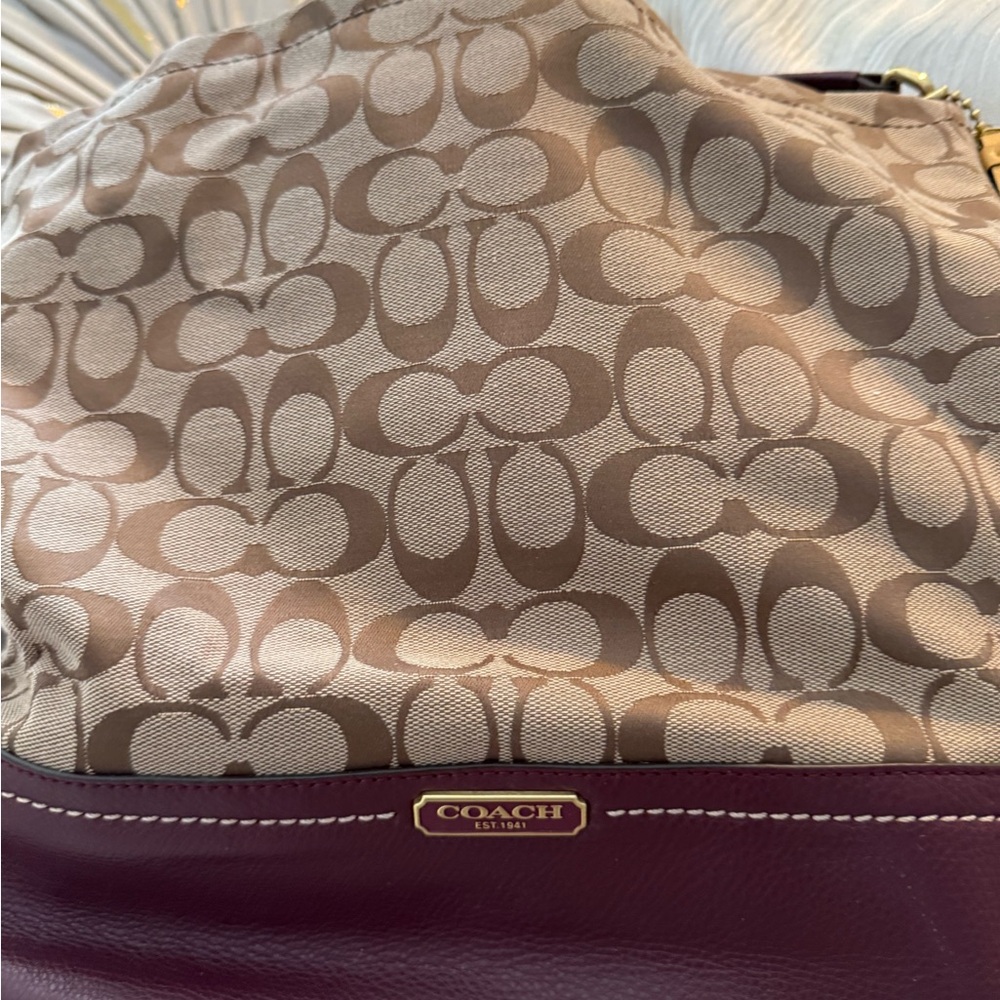 Coach Signature Canvas Shoulder Bag in Beige with Burgundy Trim